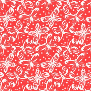 Kırmızı arka planda çırpınan beyaz kelebeklerle kusursuz desen.