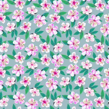 Çiçek açan kiraz Dijital suluboya dallarıyla kusursuz desen