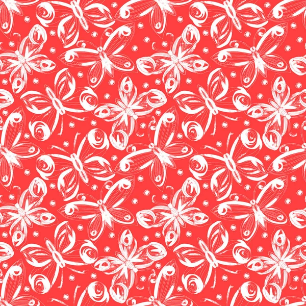 Seamless pattern with fluttering white butterflies on a red background — Stock Photo, Image