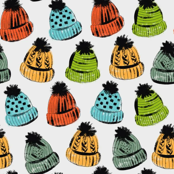 鮮やかなマルチカラーニット冬の帽子とシームレスなパターン — ストック写真