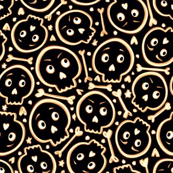 Seamless pattern with funny glowing skulls and bones Halloween illustration — Stock Photo, Image