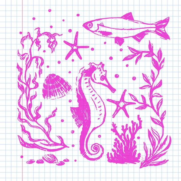 Sea life collection. Original hand drawn illustration — Stock Vector