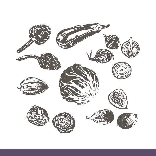 Conjunto de frutas y verduras dibujadas a mano de tinta — Vector de stock