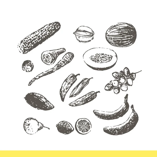 Набор фруктов и овощей ручной работы — стоковый вектор