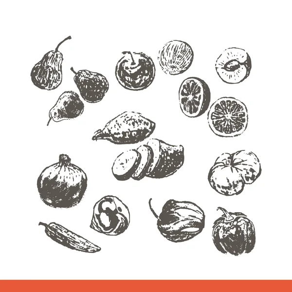 Conjunto de frutas y verduras dibujadas a mano de tinta — Vector de stock