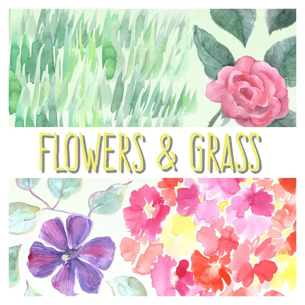 Acuarela flores y hierba conjunto — Vector de stock