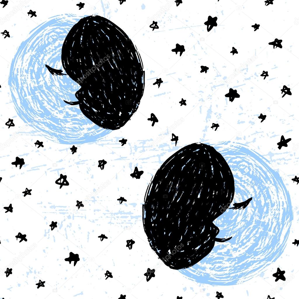 Ink hand drawn moon and stars seamless pattern