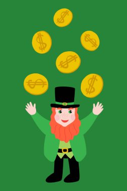 Aziz Patrick Günü için altın sikke pompalayan bir elfle vektör illüstrasyonu