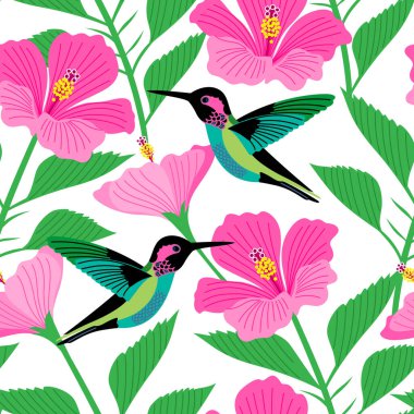 Yamyam çiçekleri arasında sinekkuşu desenli vektör deseni