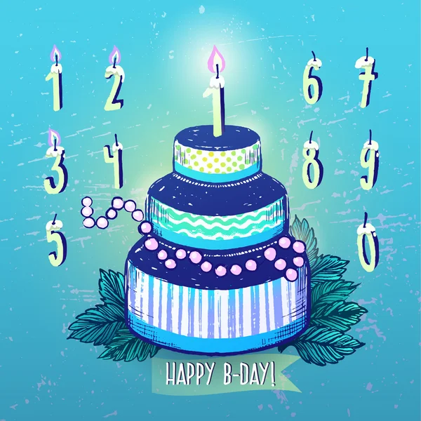 Inkoustu ručně tažené Happy Birthday Cake a svíčky sada čísel — Stockový vektor