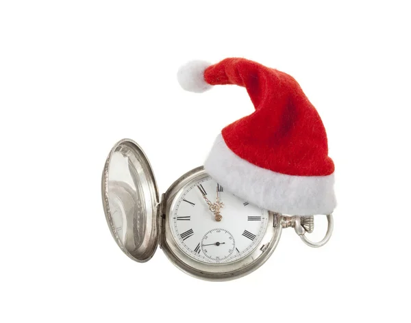 Old fashioned pocket watch with santa hat — Stock Photo, Image