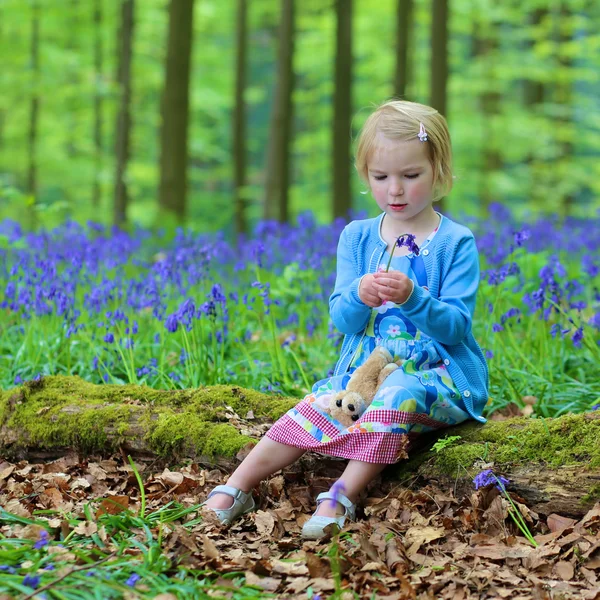 Liten flicka som leker i skogen — Stockfoto