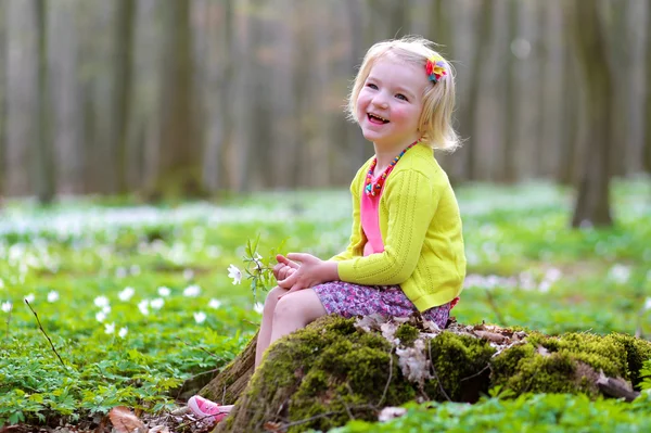 Klein meisje spelen in prachtige bos — Stockfoto