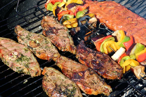 烤架上的各种肉类和蔬菜 — 图库照片