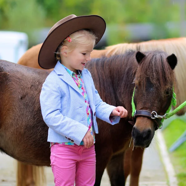 Linda niña cuidando de pony — Foto de Stock