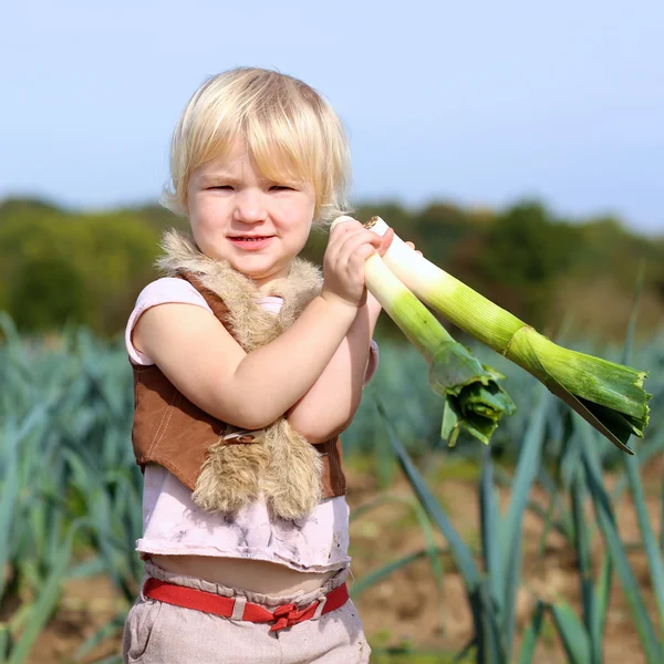 Adorabile bambina che raccoglie porri nel campo — Foto Stock