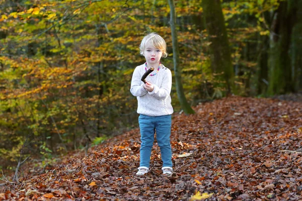 Preschooler dívka baví v lese — Stock fotografie