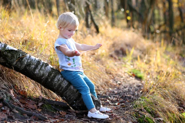 Förskolebarn tjej att ha kul i skogen — Stockfoto