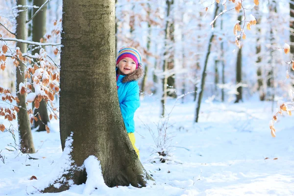 Küçük kız kış ormanı oynamaktan — Stok fotoğraf