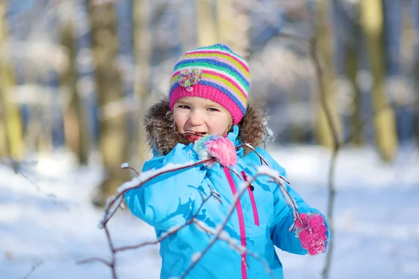 Bambina che gioca nella foresta invernale — Foto Stock