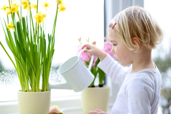 Little girl watering spring flowers — Stock Photo, Image