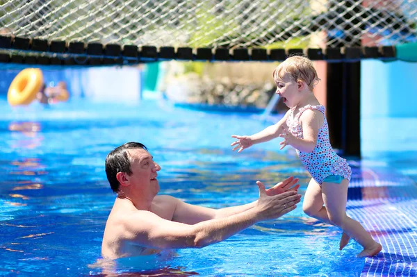 Baba ve yüzme havuzunda oynayan kız