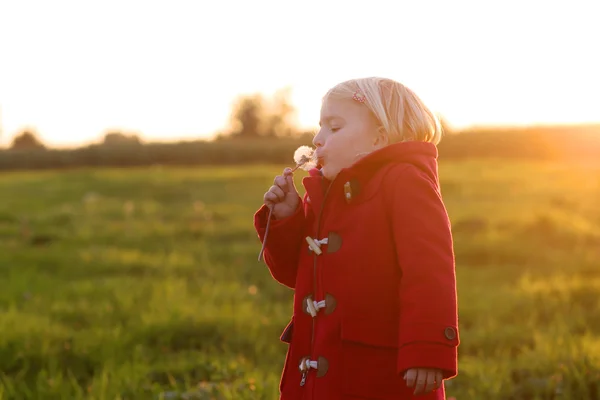 LIttle girl playing in countryside at sunset — Zdjęcie stockowe