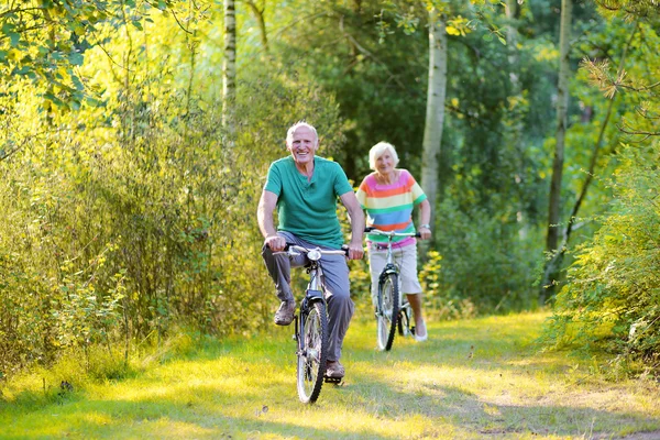 Aktiva seniorer par ridning cyklar i skogen — Stockfoto