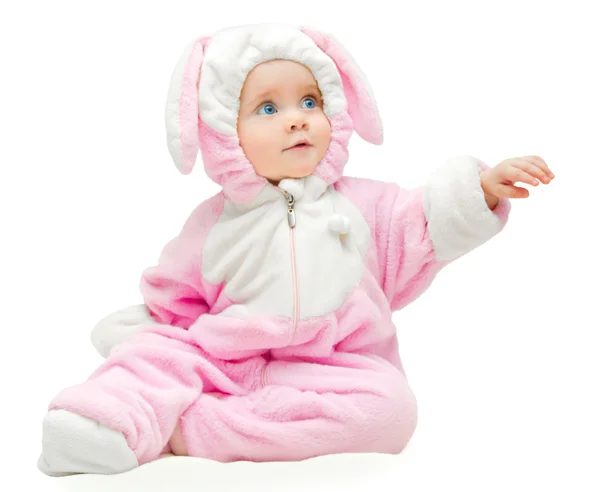 Μικρό κορίτσι σε ένα κοστούμι ρόδινοι bunny Εικόνα Αρχείου