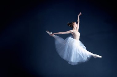 Young ballerina with a perfect body is dancing in the photostudio in different dresses
