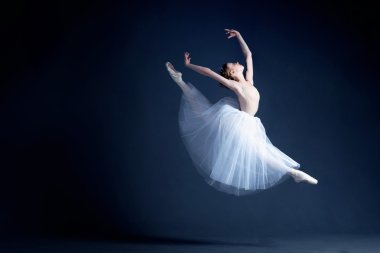 Young ballerina with a perfect body is dancing in the photostudio in different dresses