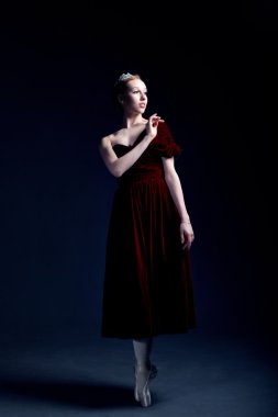 Young ballerina with a perfect body is dancing in the photostudio in different dresses