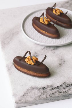 Ceviz ve çikolata sarmalı, açık mermer tahtada, beyaz arka planda, Praline 'li çikolatalı kurabiye..