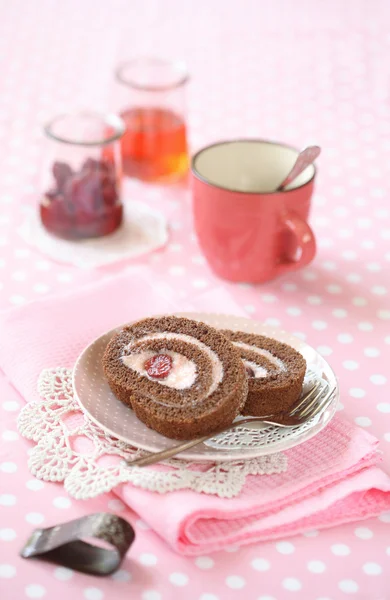 Two pieces of Chocolate Strawberry Swiss Roll Cake — Stock Photo, Image