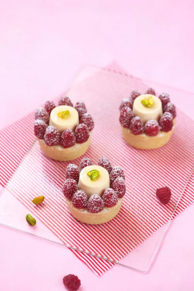 French Tarts with Almond Coconut Frangipane, Lychee Cream, Pistachio Pastry Cream and Fresh Raspberries — Stock Photo, Image