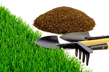 Küçük Bahçe araçları ve suni çim.