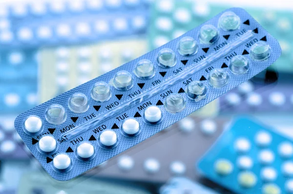 Oral contraceptive pill on pharmacy counter. — Stock Photo, Image