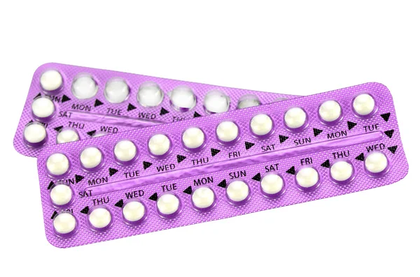 Pílula contraceptiva oral colorida tiras isoladas em fundo branco . — Fotografia de Stock