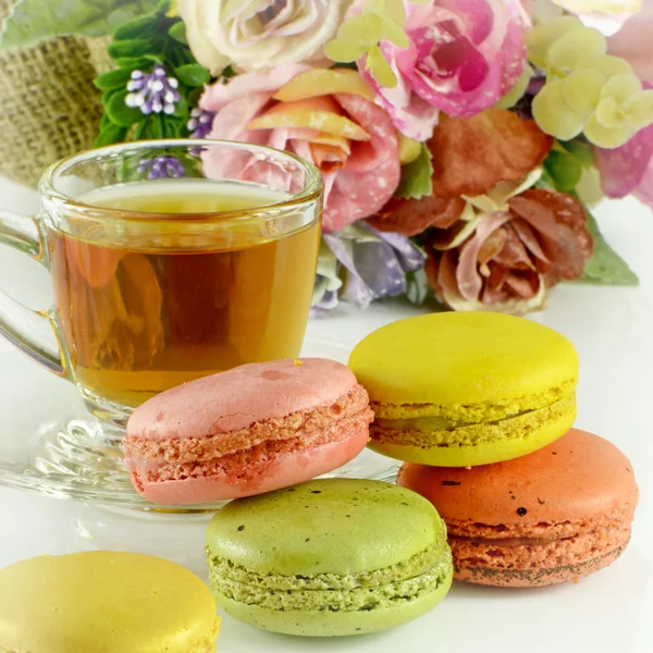 Tea Time with Sweet Macaroons on White Background. — Stock Photo, Image