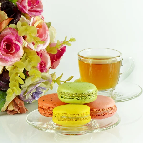 Tea Time with Sweet Macaroons on White Background. — Stock Photo, Image