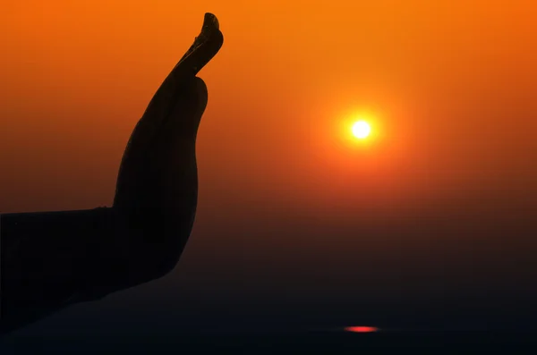 Silhouette of Hand and Sun in Twilight Light. — Stock Photo, Image