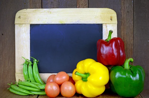 Colorful Asian Vegetable With Empty Chalkboard on Wooden Background. — Stock Photo, Image