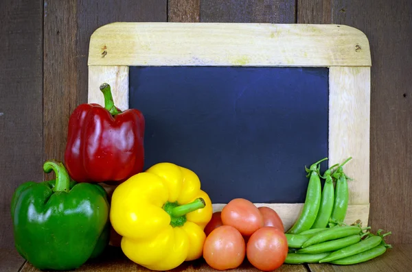 Colorful Asian Vegetable With Empty Chalkboard on Wooden Background. — Stock Photo, Image