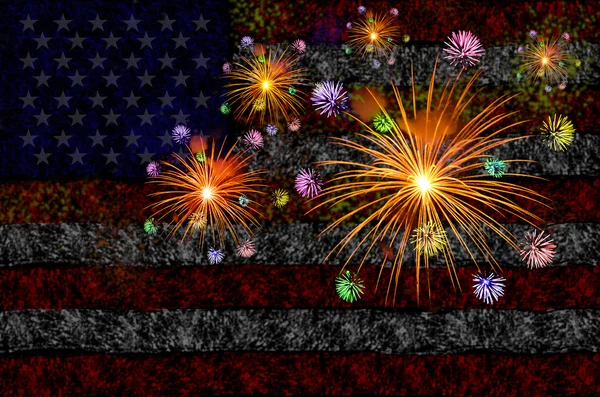 Πυροτέχνημα εορτασμού με αμερικανική σημαία φόντο. — Φωτογραφία Αρχείου