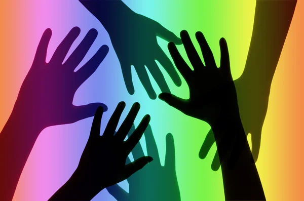 Silueta rukou na pozadí Rainbow. — Stock fotografie