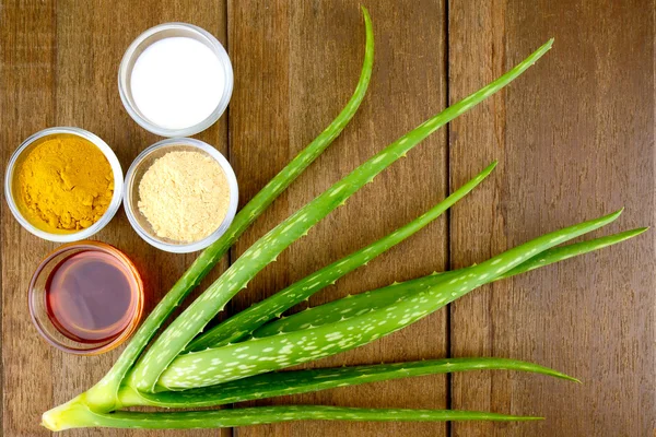 Receta de tratamiento facial con aloe vera fresco sobre fondo de madera . — Foto de Stock