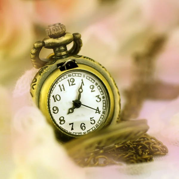 Vintage pocket watch with rose bouquet on pastel tone background — Stock Photo, Image