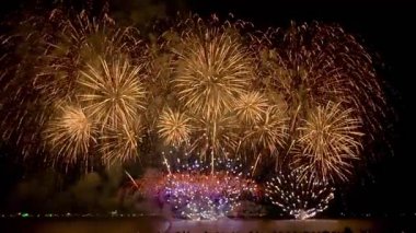 Siyah gökyüzü arka planında izole edilmiş renkli havai fişekler. Ayrı bir havai fişek, her türlü fotoğraf, poster, arkaplan için kullanıma hazır. Festivali, Noel 'i, Yeni Yıl' ı ve diğer etkinlikleri kutlamak için..