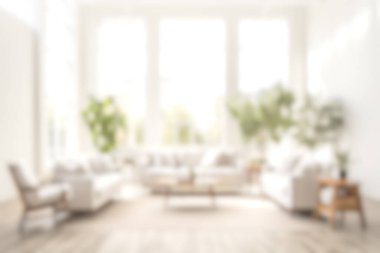 İş sunumu için bokeh ve kopya alanı ile modern bulanık oturma odası iç arkaplanı.