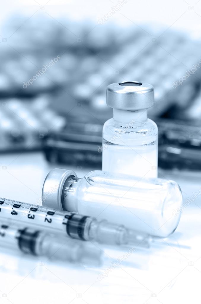 Médicament d'injection avec des pillules de bandes de fond Médicament d'injection avec des pillules de bandes de fond